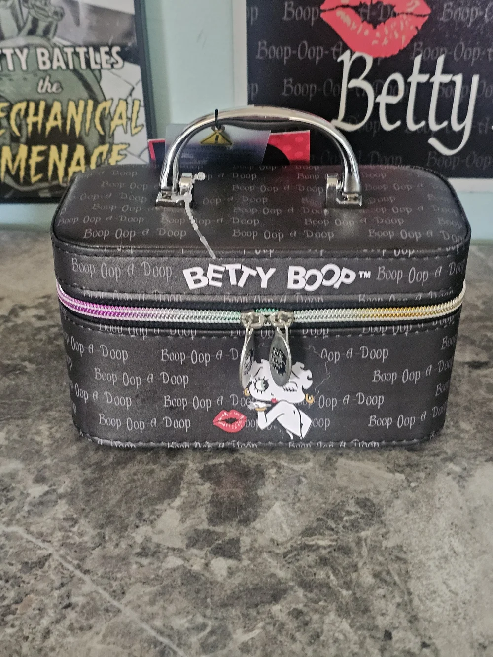Betty Boop Black Cosmetic Train Case Set with Pink Accent Zippers